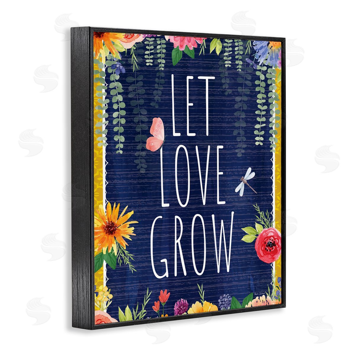 Let Love Grow Floral Border Black Frame Print Wall Art, Home Decor by Nicole DeCamp