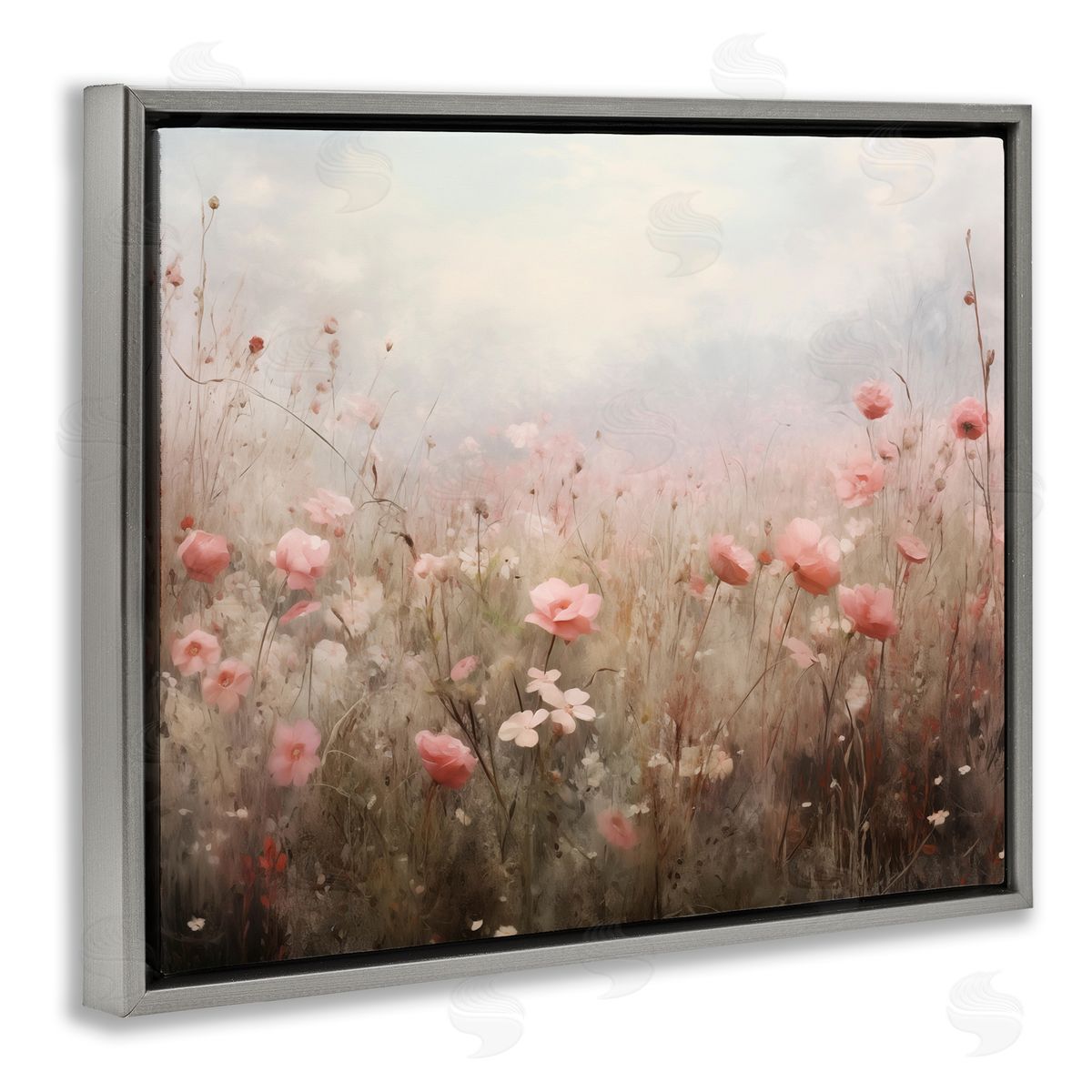 Pastel Pink Meadow Flowers Grey Floating Frame Canvas Wall Art, Home Decor by Arlington Prints