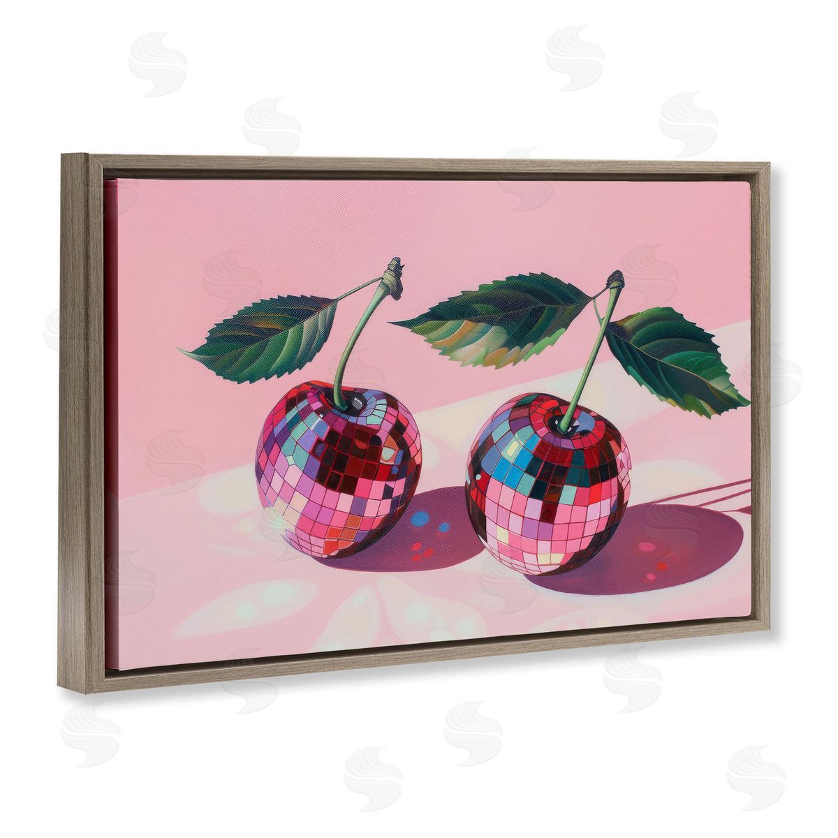 Disco Ball Cherry Pair Brown Floating Frame Canvas Wall Art, Home Decor by LSR Creative Studio