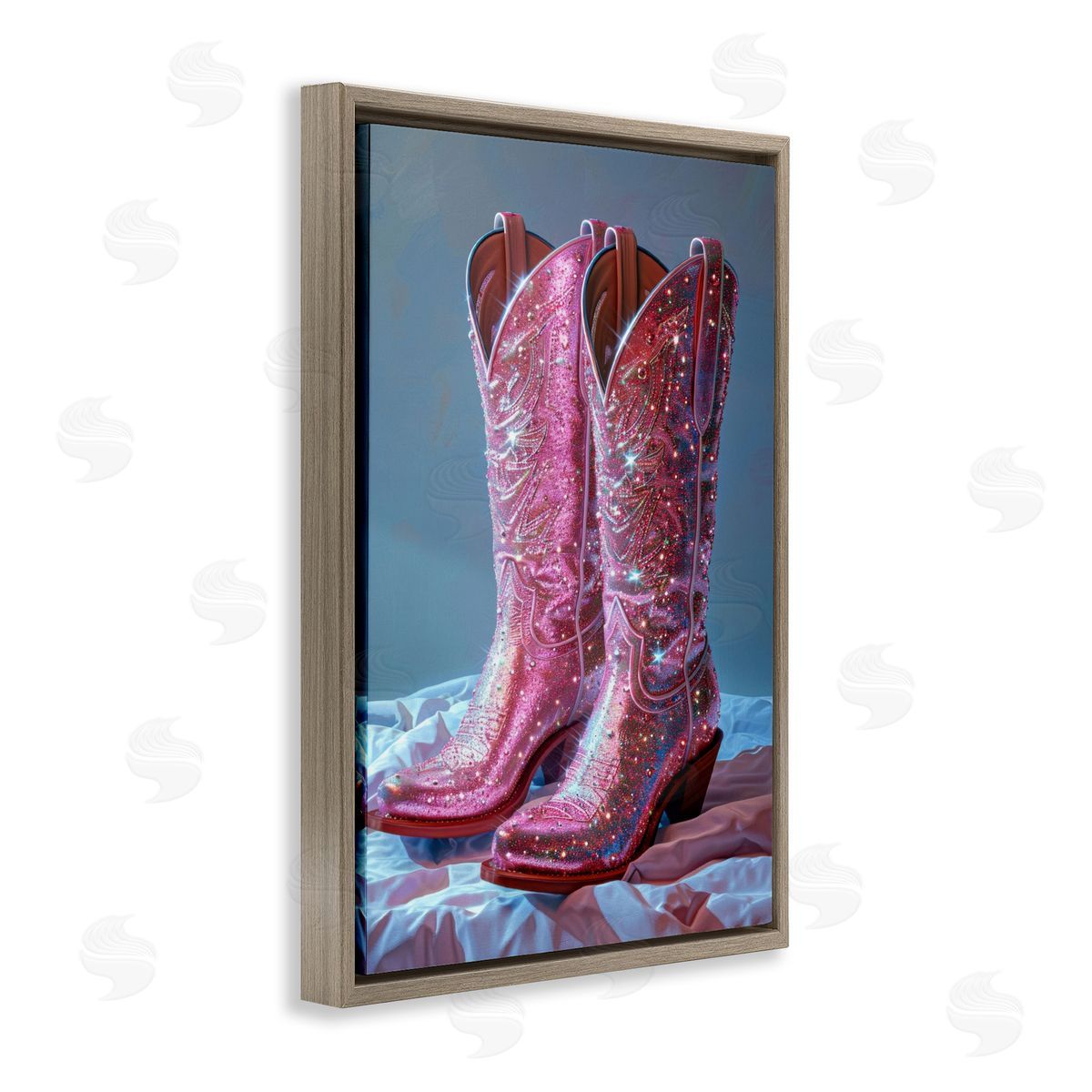 Dazzling Pink Glam Cowgirl Boots Brown Floating Frame Canvas Wall Art, Home Decor by LSR Creative Studio