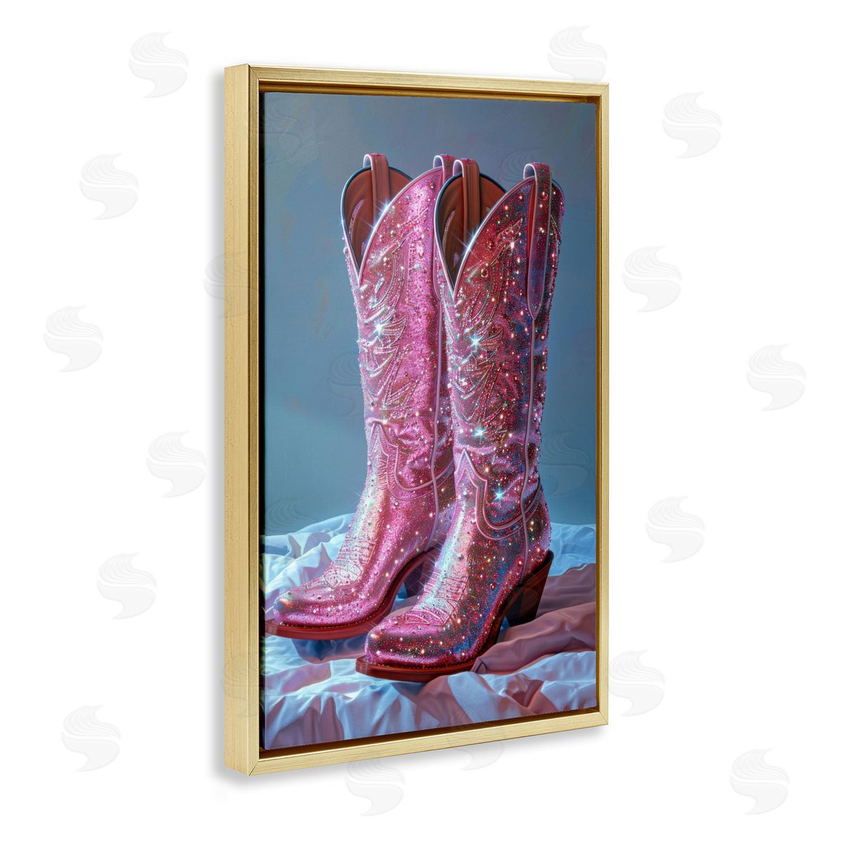 Dazzling Pink Glam Cowgirl Boots Gold Floating Frame Canvas Wall Art, Home Decor by LSR Creative Studio