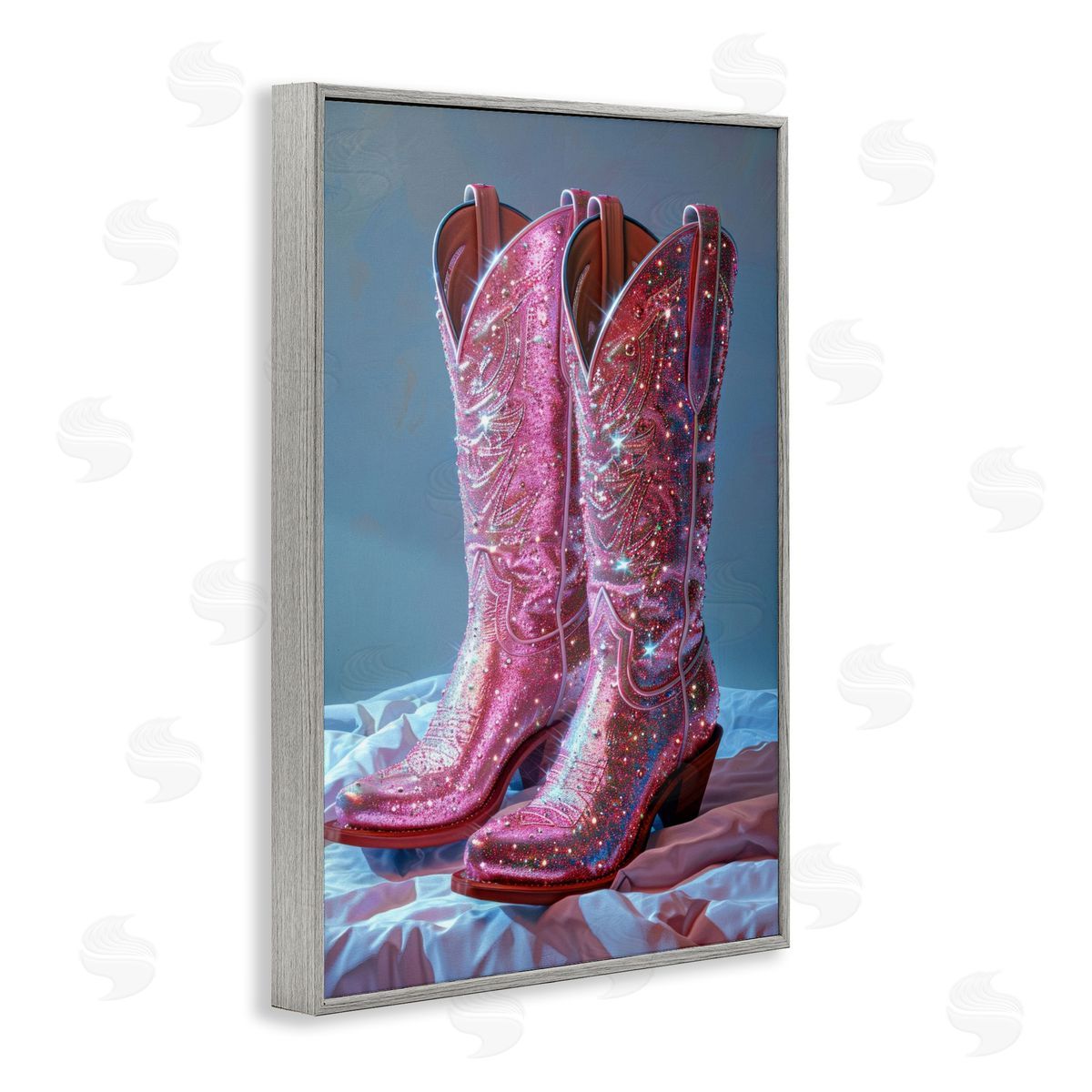 Dazzling Pink Glam Cowgirl Boots Grey Frame Print Wall Art, Home Decor by LSR Creative Studio