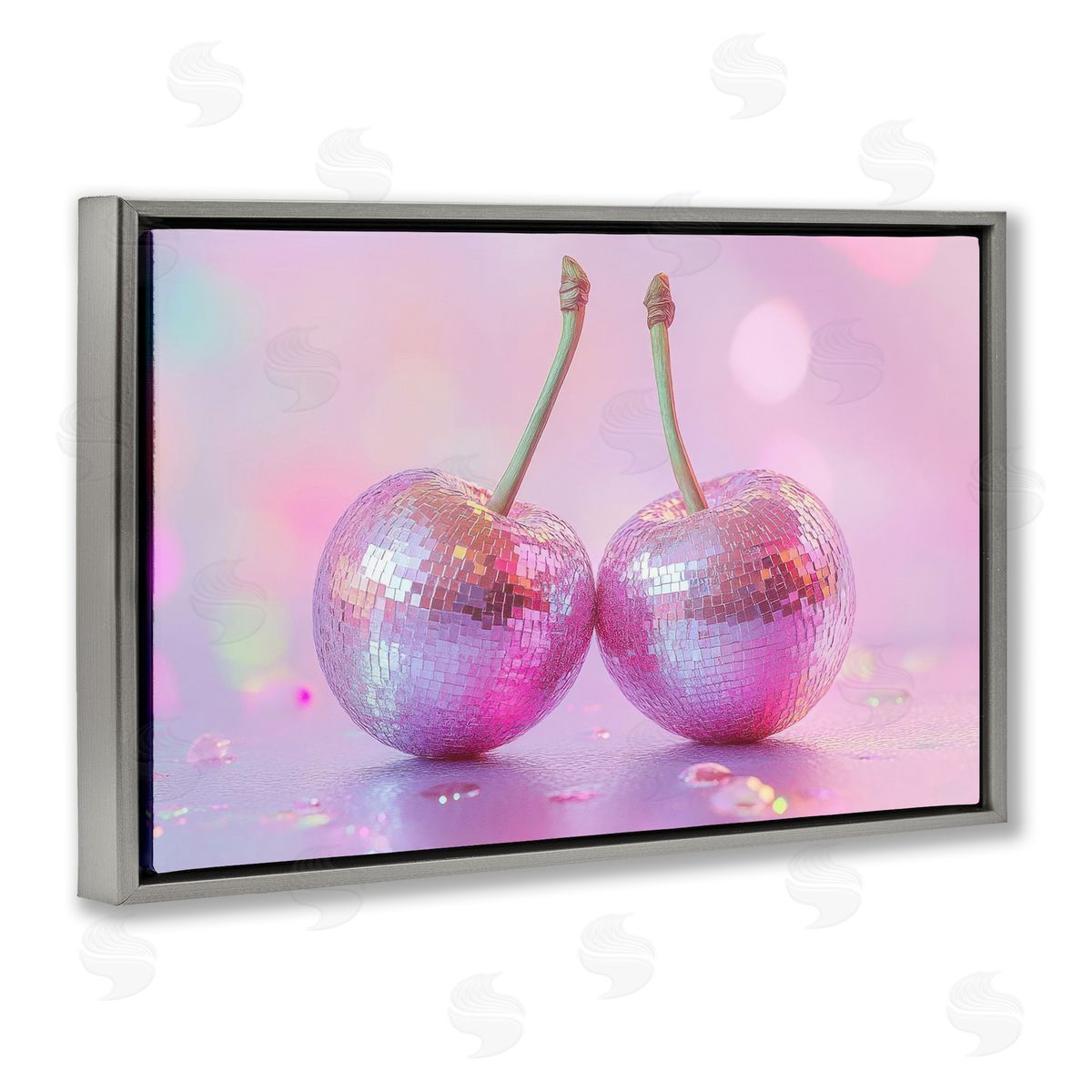 Pastel Shine Disco Cherries Grey Floating Frame Canvas Wall Art, Home Decor by LSR Creative Studio