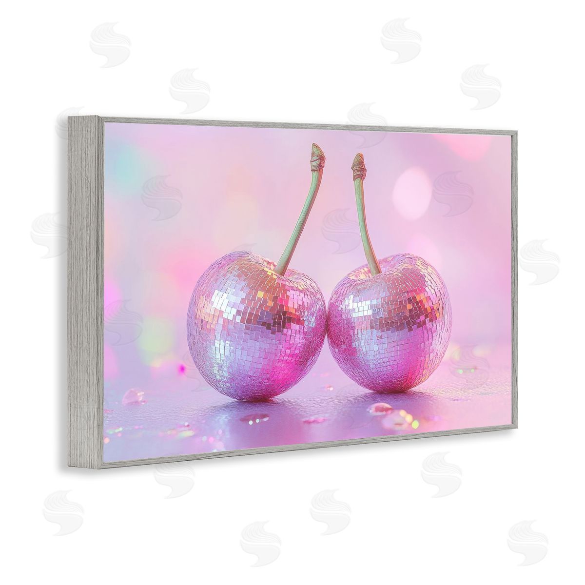 Pastel Shine Disco Cherries Grey Frame Print Wall Art, Home Decor by LSR Creative Studio