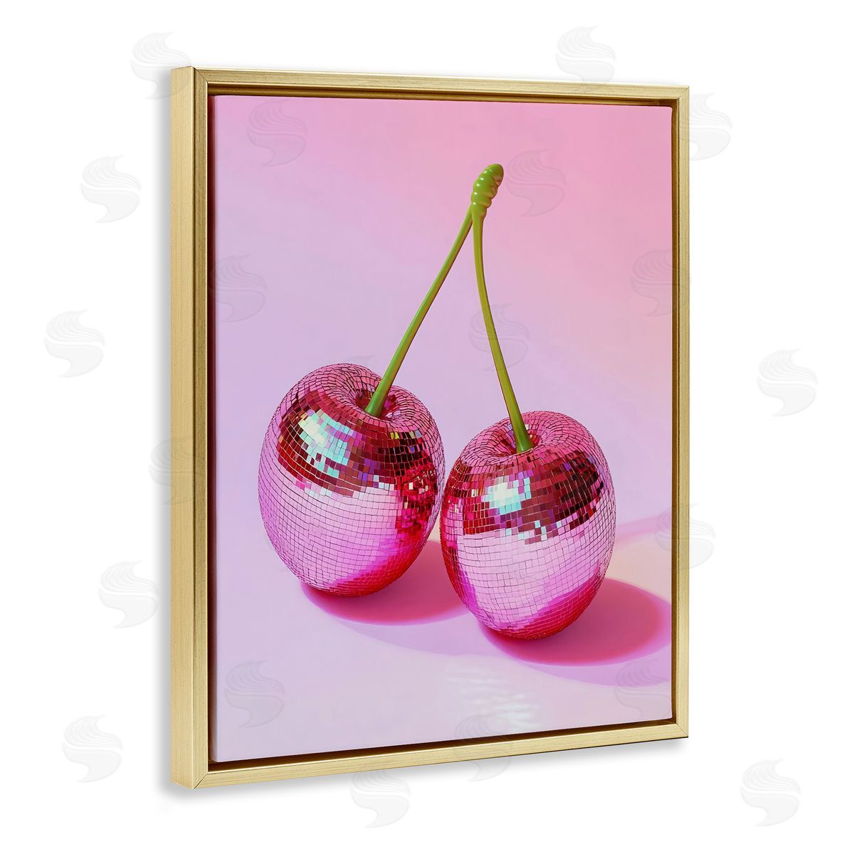 Pink Disco Cherries Gold Floating Frame Canvas Wall Art, Home Decor by LSR Creative Studio