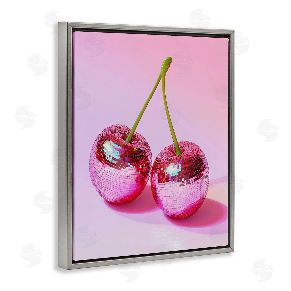 Pink Disco Cherries Grey Floating Frame Canvas Wall Art, Home Decor by LSR Creative Studio