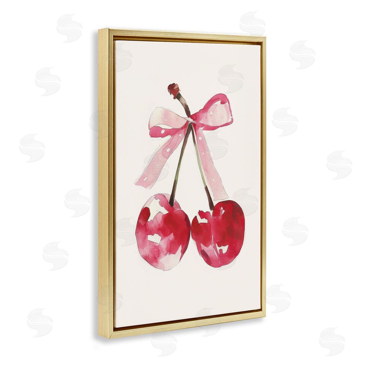Mod Cherries Tied in Bow Gold Floating Frame Canvas Wall Art, Home Decor by LSR Creative Studio