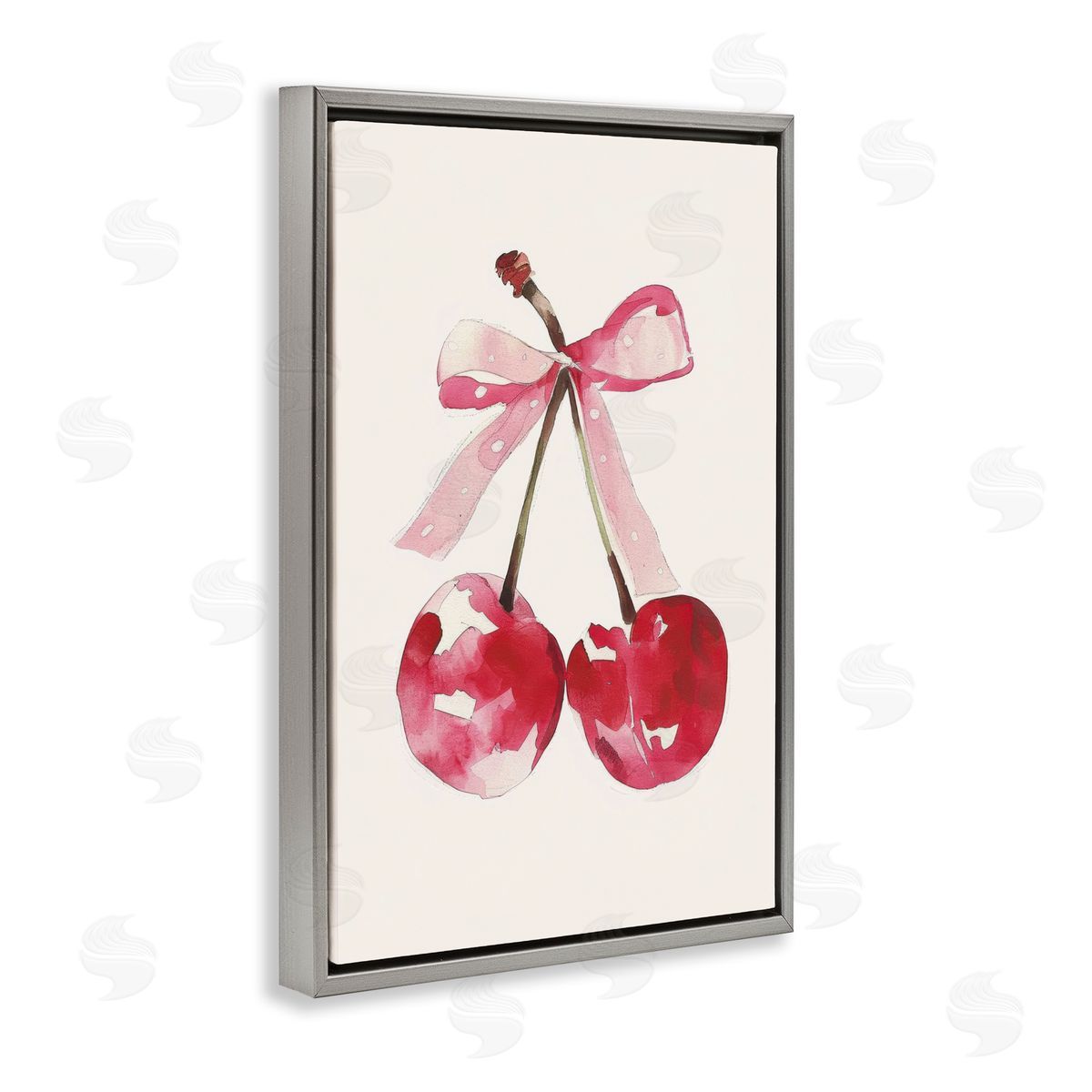 Mod Cherries Tied in Bow Grey Floating Frame Canvas Wall Art, Home Decor by LSR Creative Studio