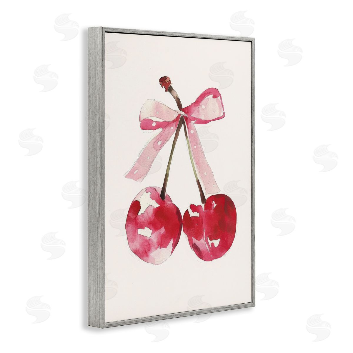 Mod Cherries Tied in Bow Grey Frame Print Wall Art, Home Decor by LSR Creative Studio