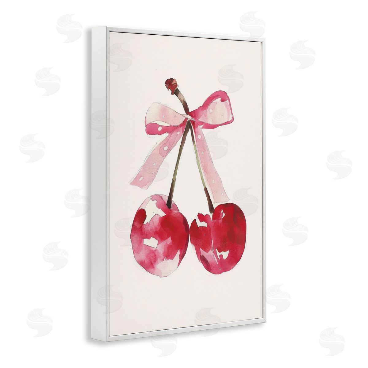 Mod Cherries Tied in Bow White Frame Print Wall Art, Home Decor by LSR Creative Studio