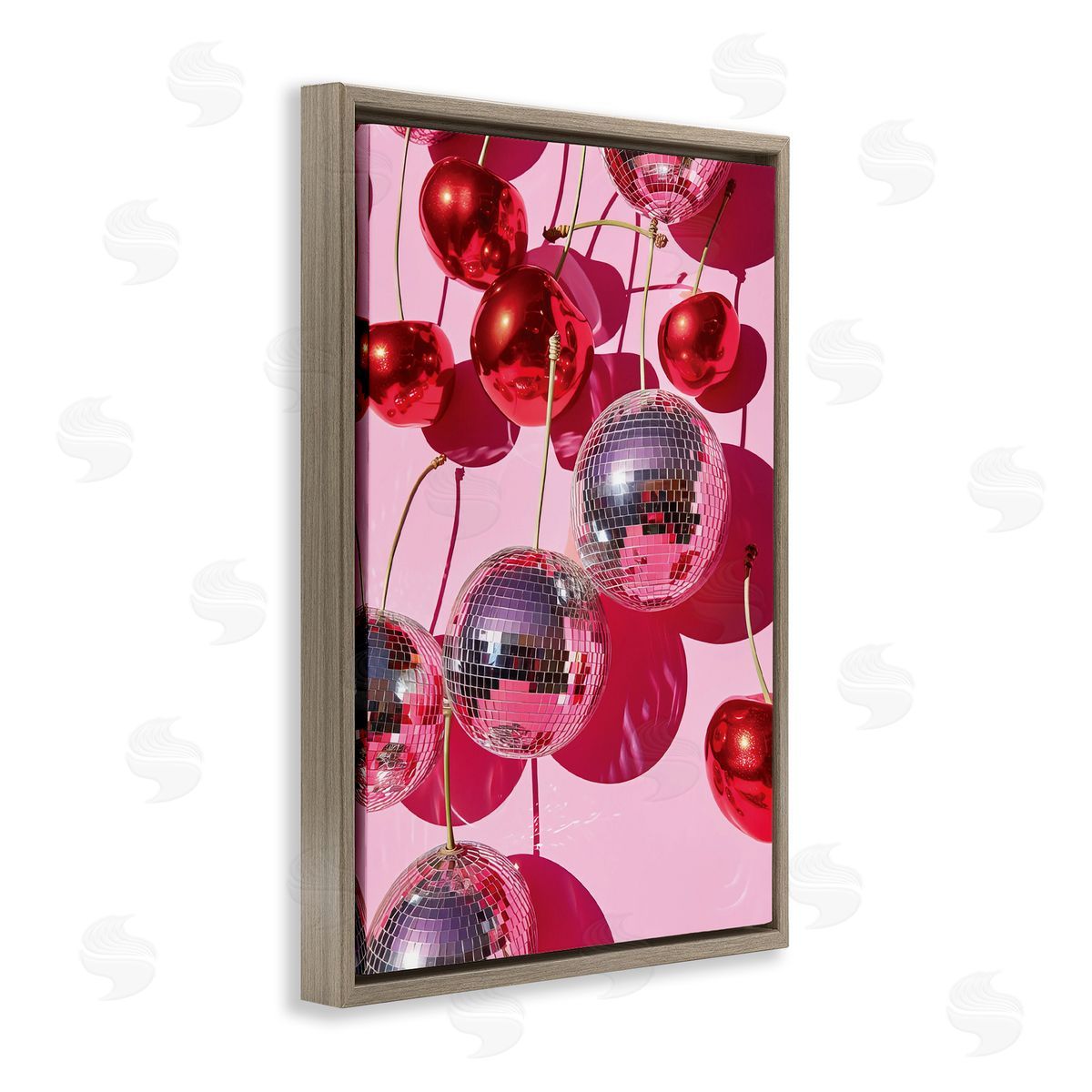 Cherry Disco Fruits Brown Floating Frame Canvas Wall Art, Home Decor by LSR Design Studio