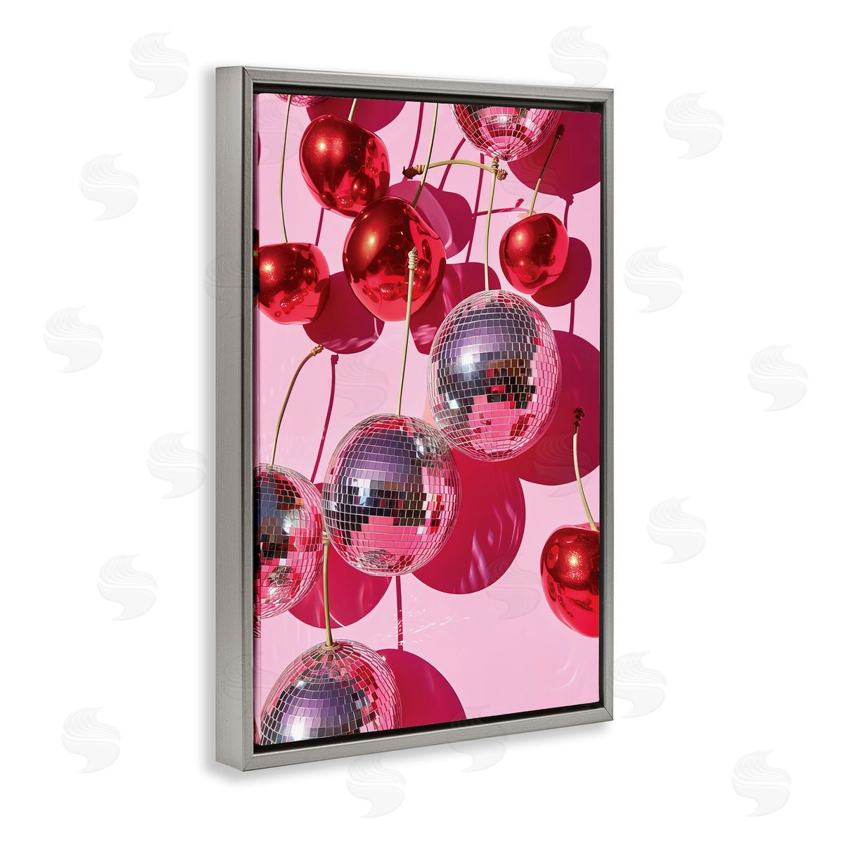 Cherry Disco Fruits Grey Floating Frame Canvas Wall Art, Home Decor by LSR Design Studio