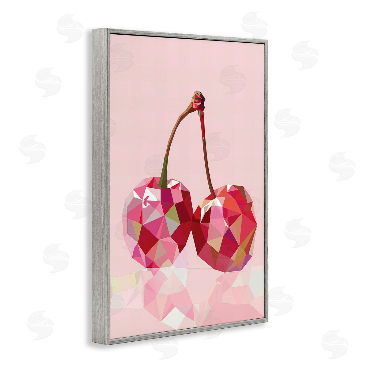 Pink Geometric Cherries Grey Frame Print Wall Art, Home Decor by LSR Design Studio