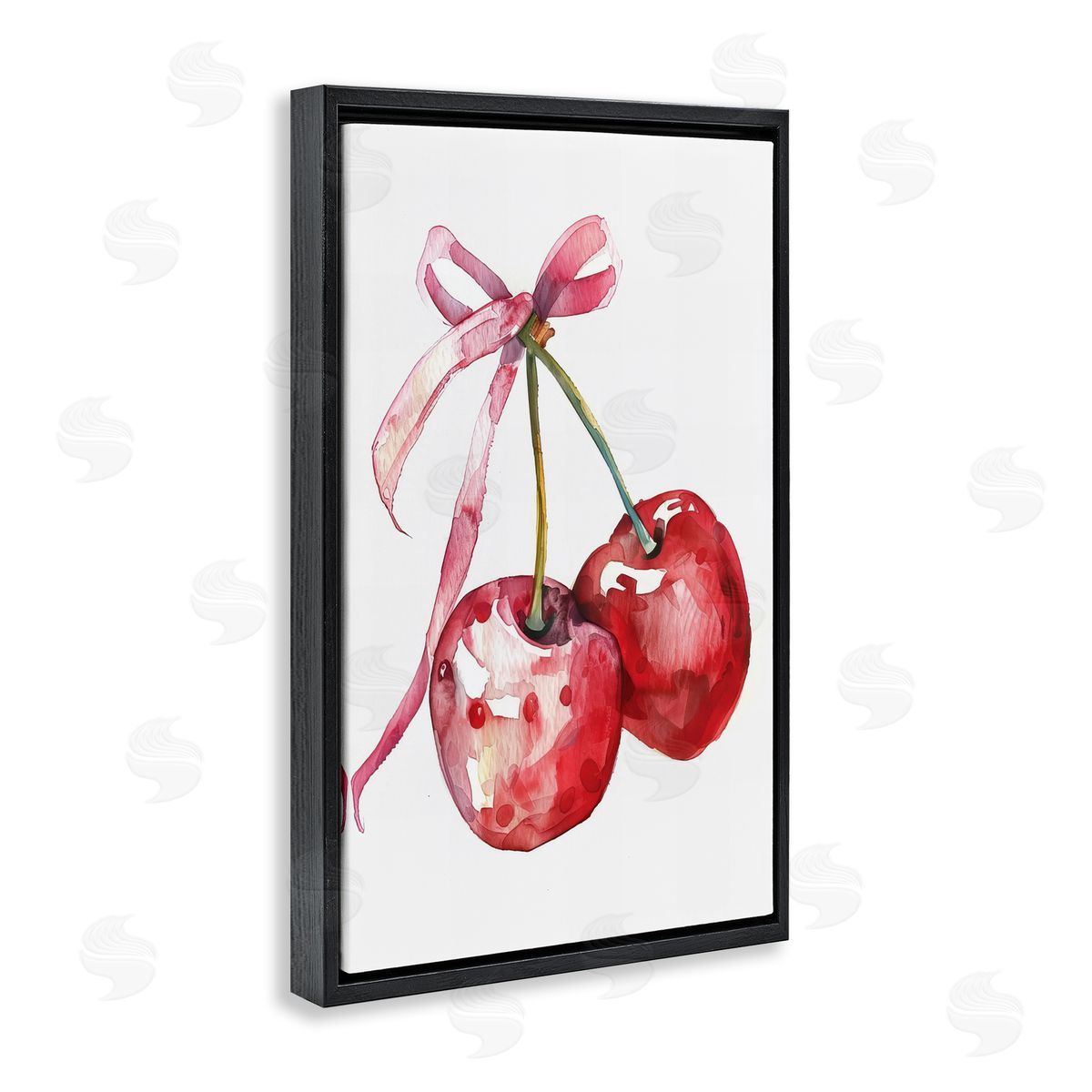 Cherries Tied in Ribbon Black Floating Frame Canvas Wall Art, Home Decor by LSR Design Studio