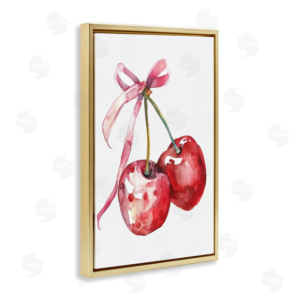 Cherries Tied in Ribbon Gold Floating Frame Canvas Wall Art, Home Decor by LSR Design Studio