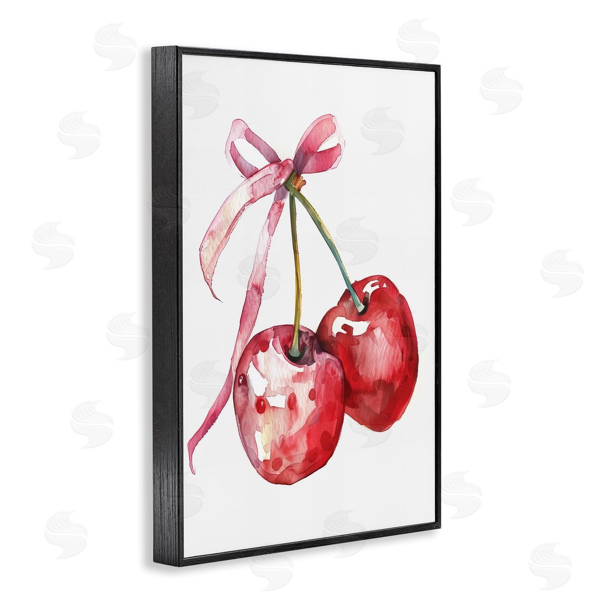 Cherries Tied in Ribbon Black Frame Print Wall Art, Home Decor by LSR Design Studio