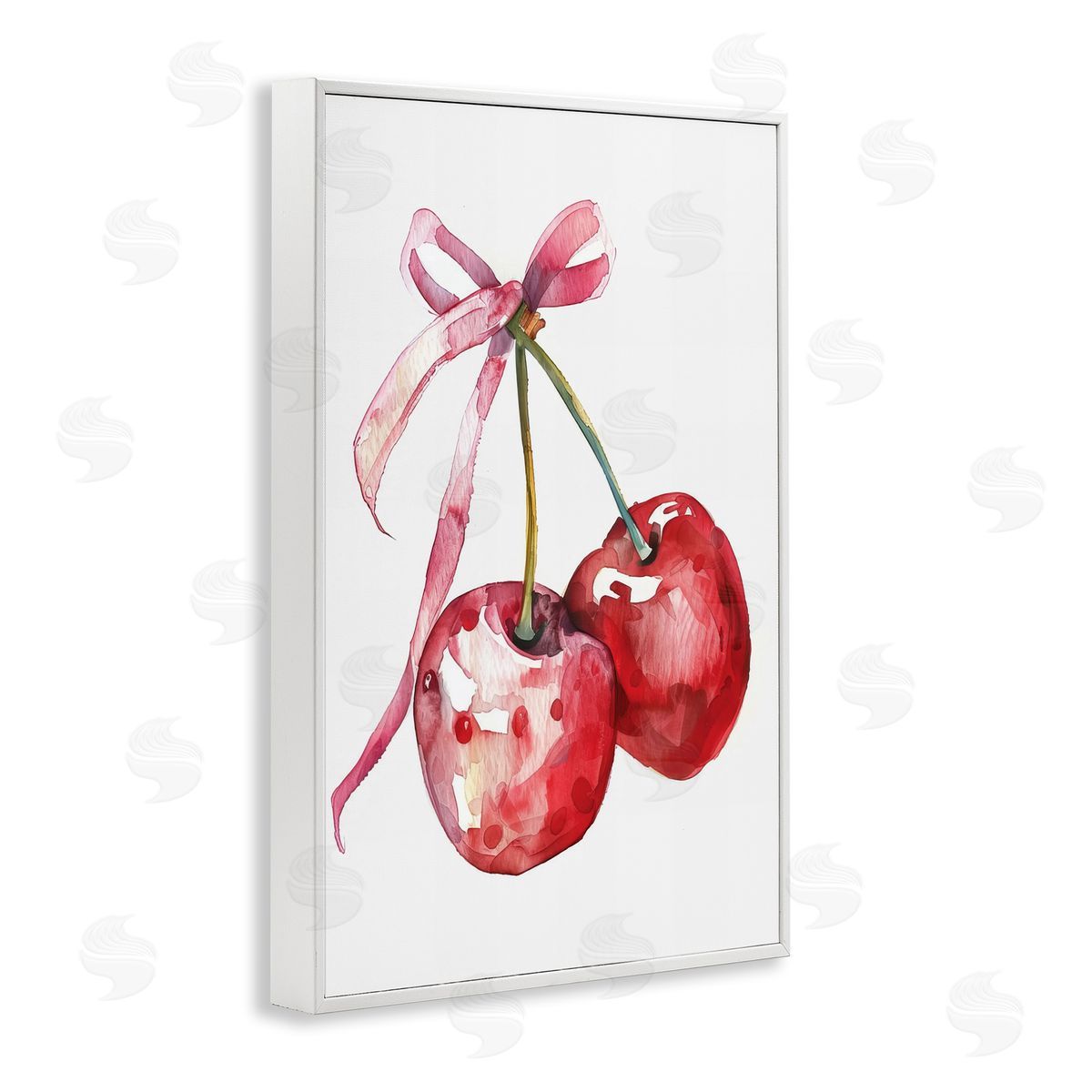 Cherries Tied in Ribbon White Frame Print Wall Art, Home Decor by LSR Design Studio