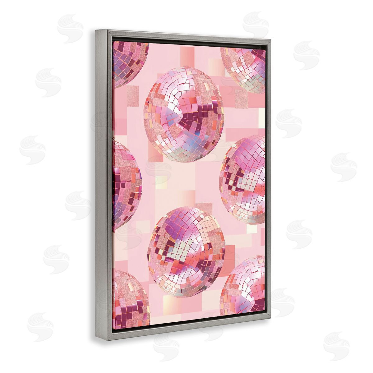 Feminine Pink Disco Balls Grey Floating Frame Canvas Wall Art, Home Decor by LSR Design Studio