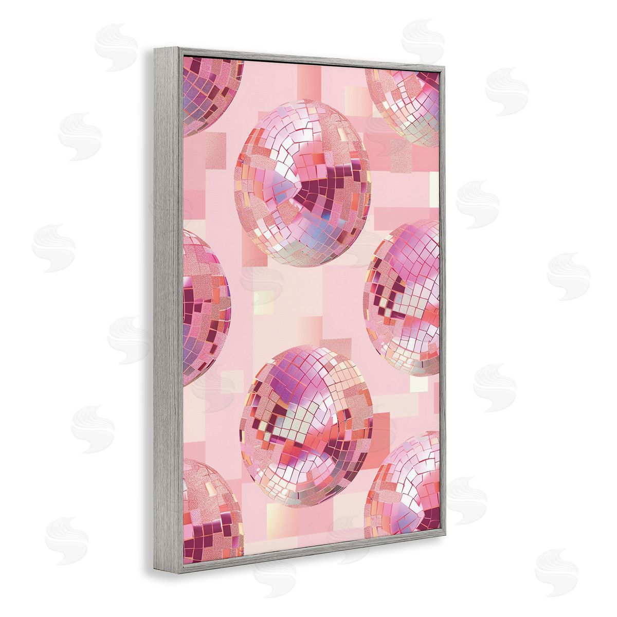 Feminine Pink Disco Balls Grey Frame Print Wall Art, Home Decor by LSR Design Studio