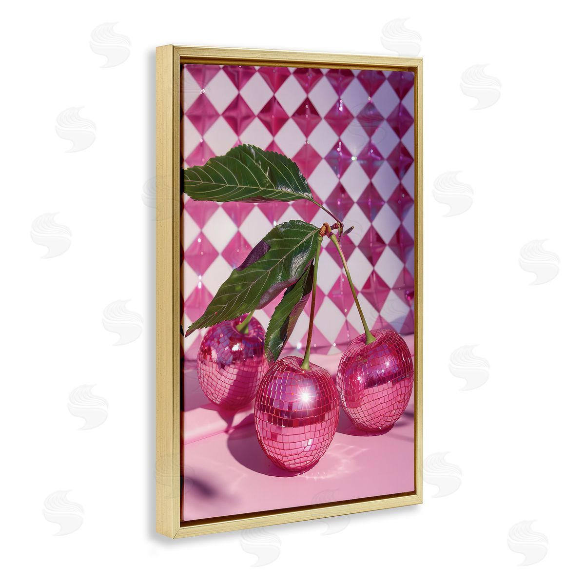 Groovy Cherry Disco Balls Gold Floating Frame Canvas Wall Art, Home Decor by LSR Design Studio