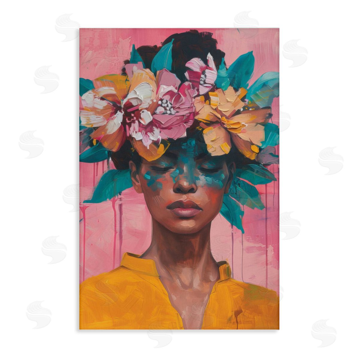 Woman With Floral Headdress Canvas Wall Art, Home Decor by LSR Design Studio