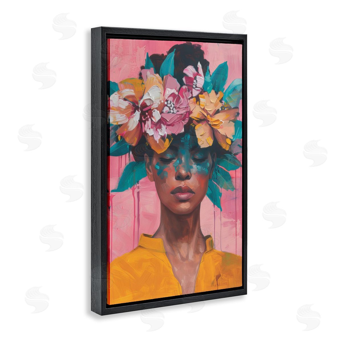 Woman With Floral Headdress Black Floating Frame Canvas Wall Art, Home Decor by LSR Design Studio
