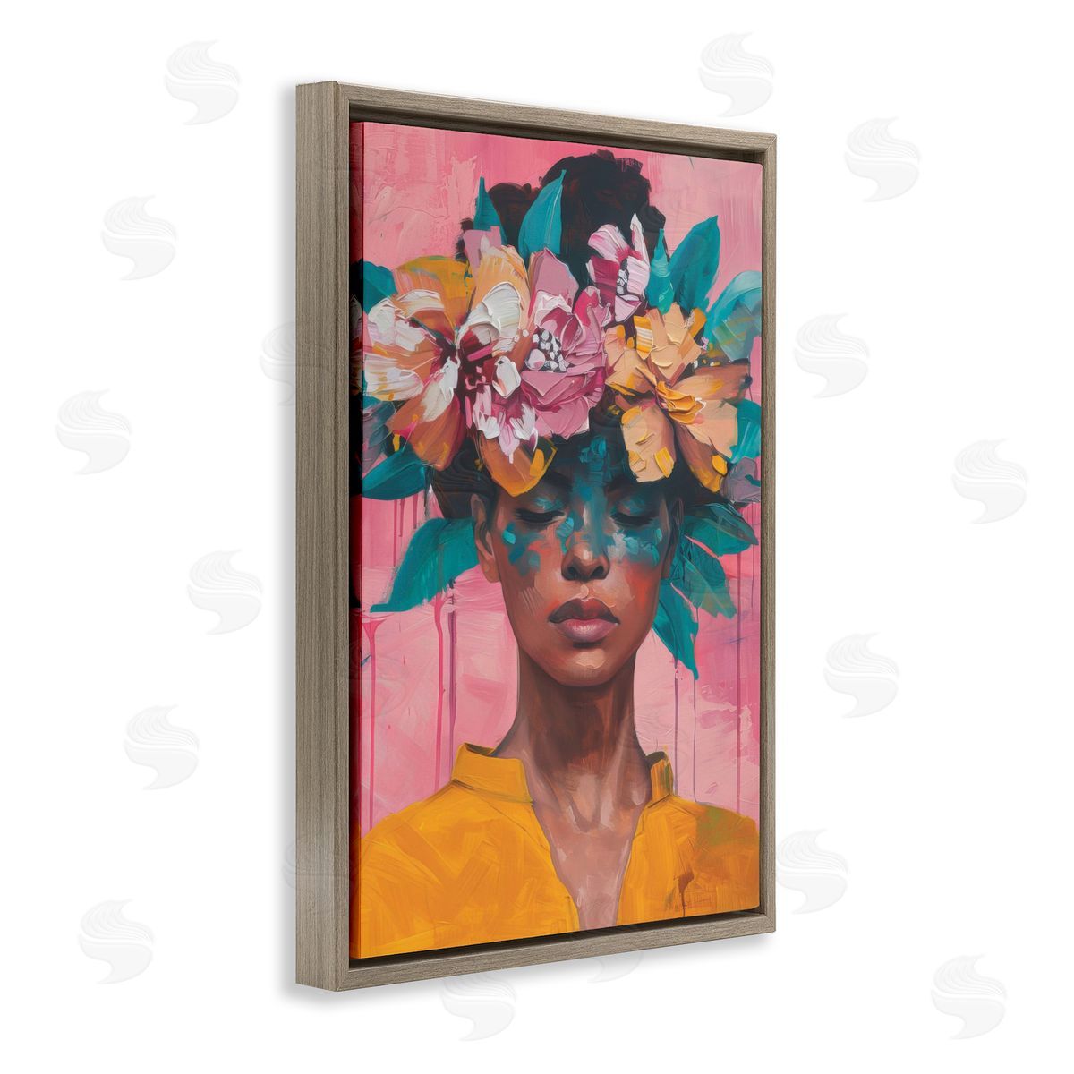 Woman With Floral Headdress Brown Floating Frame Canvas Wall Art, Home Decor by LSR Design Studio