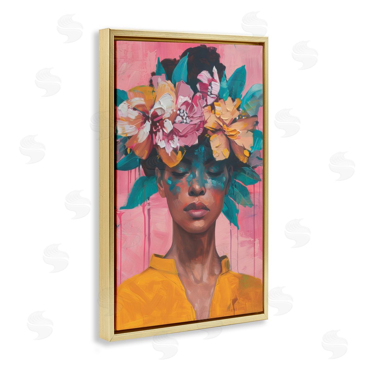 Woman With Floral Headdress Gold Floating Frame Canvas Wall Art, Home Decor by LSR Design Studio
