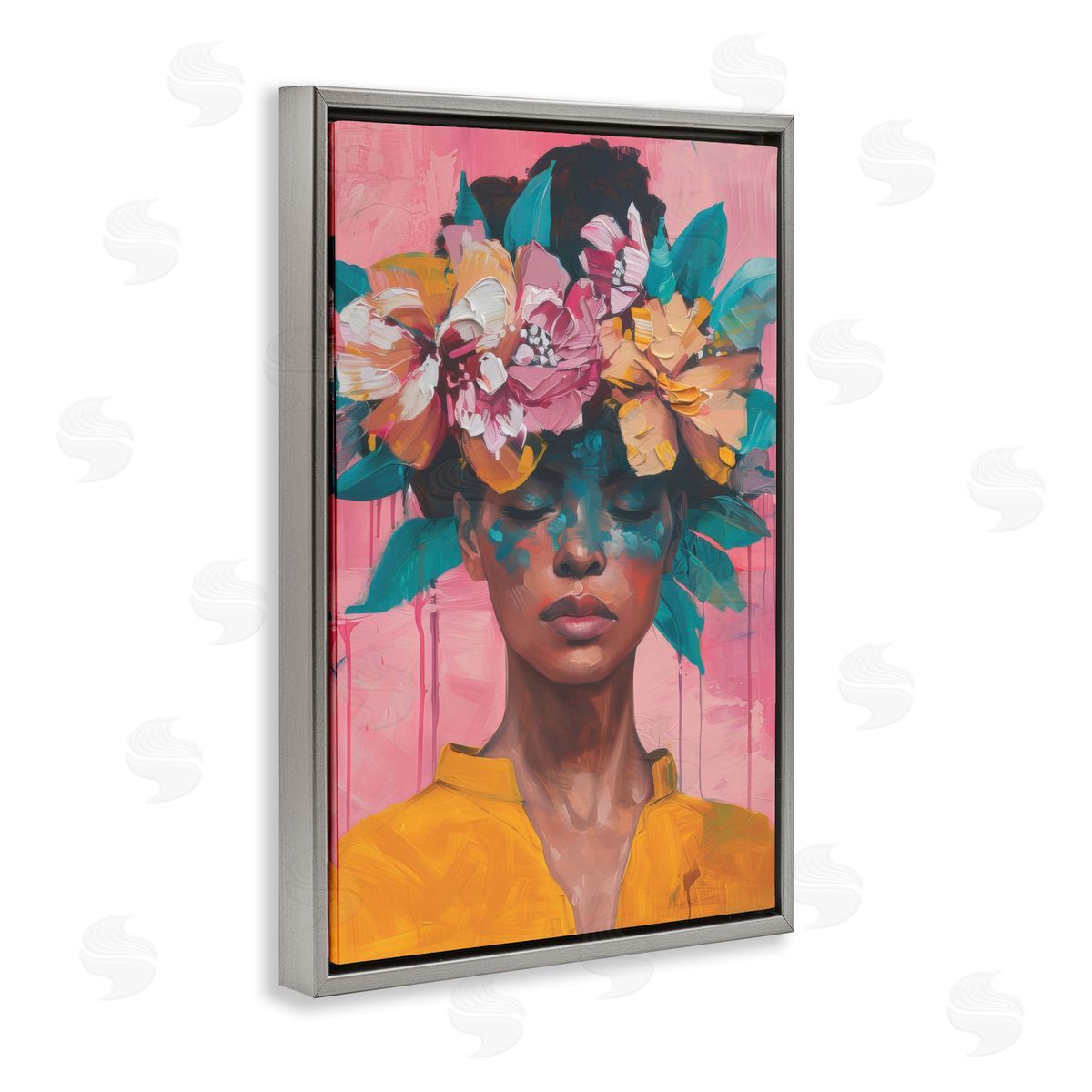 Woman With Floral Headdress Grey Floating Frame Canvas Wall Art, Home Decor by LSR Design Studio