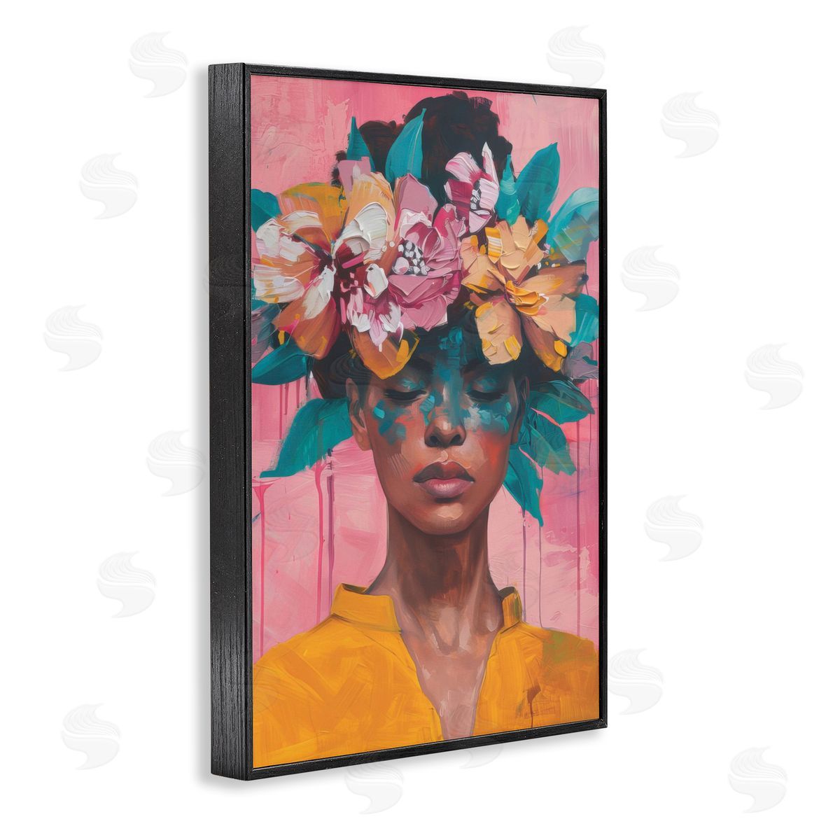Woman With Floral Headdress Black Frame Print Wall Art, Home Decor by LSR Design Studio