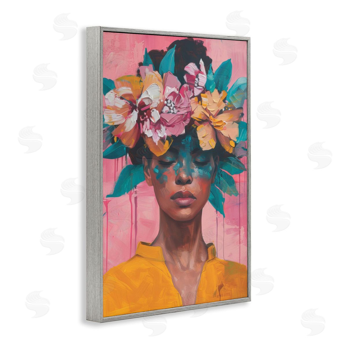 Woman With Floral Headdress Grey Frame Print Wall Art, Home Decor by LSR Design Studio