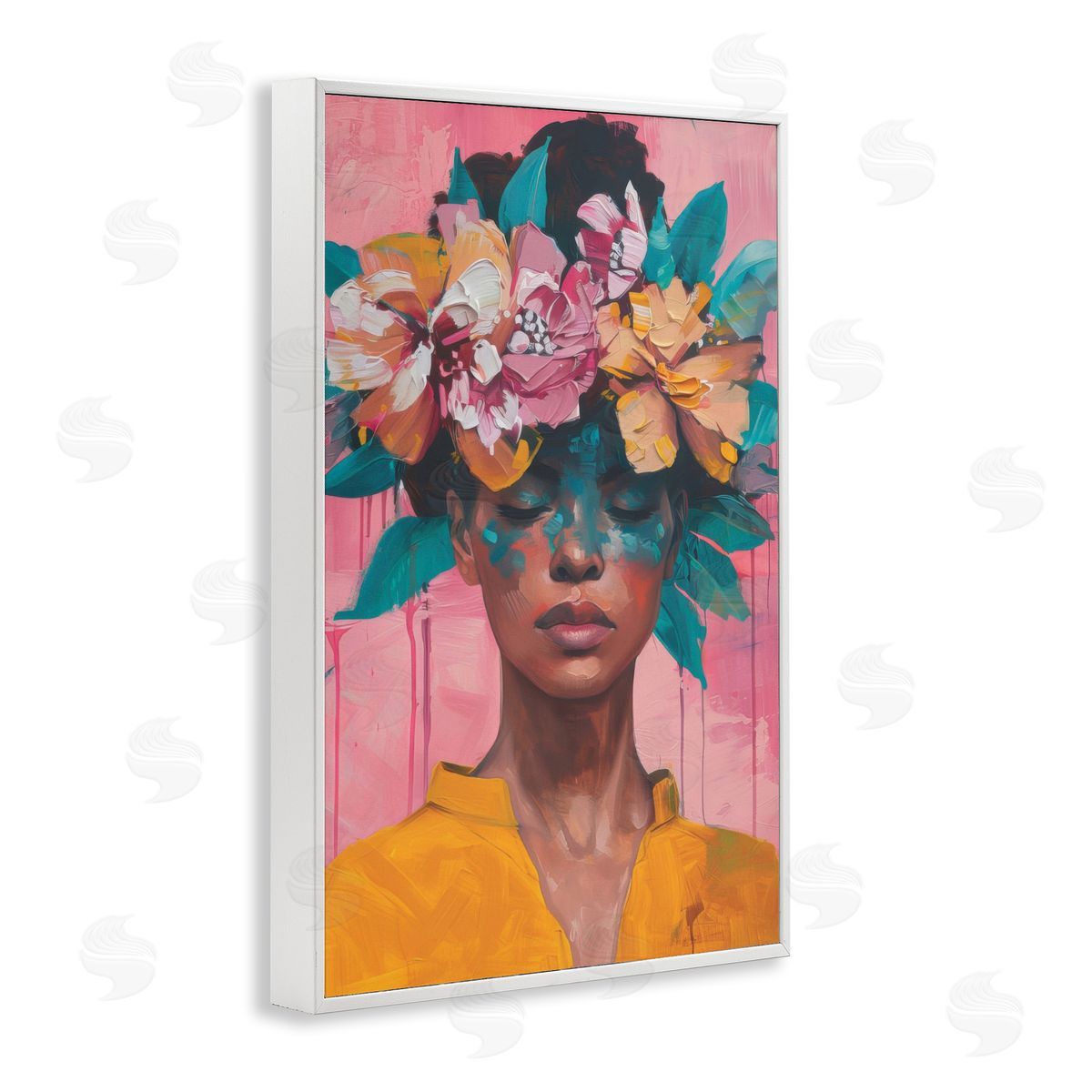 Woman With Floral Headdress White Frame Print Wall Art, Home Decor by LSR Design Studio