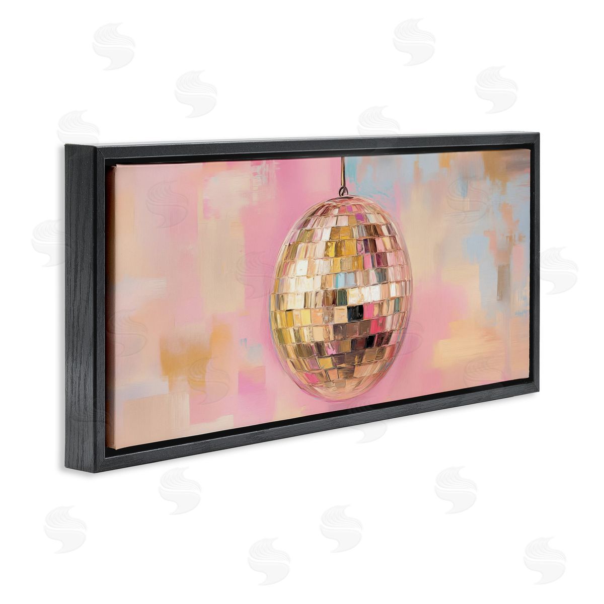 Gold Hued Disco Ball Black Floating Frame Canvas Wall Art, Home Decor by Nini Art