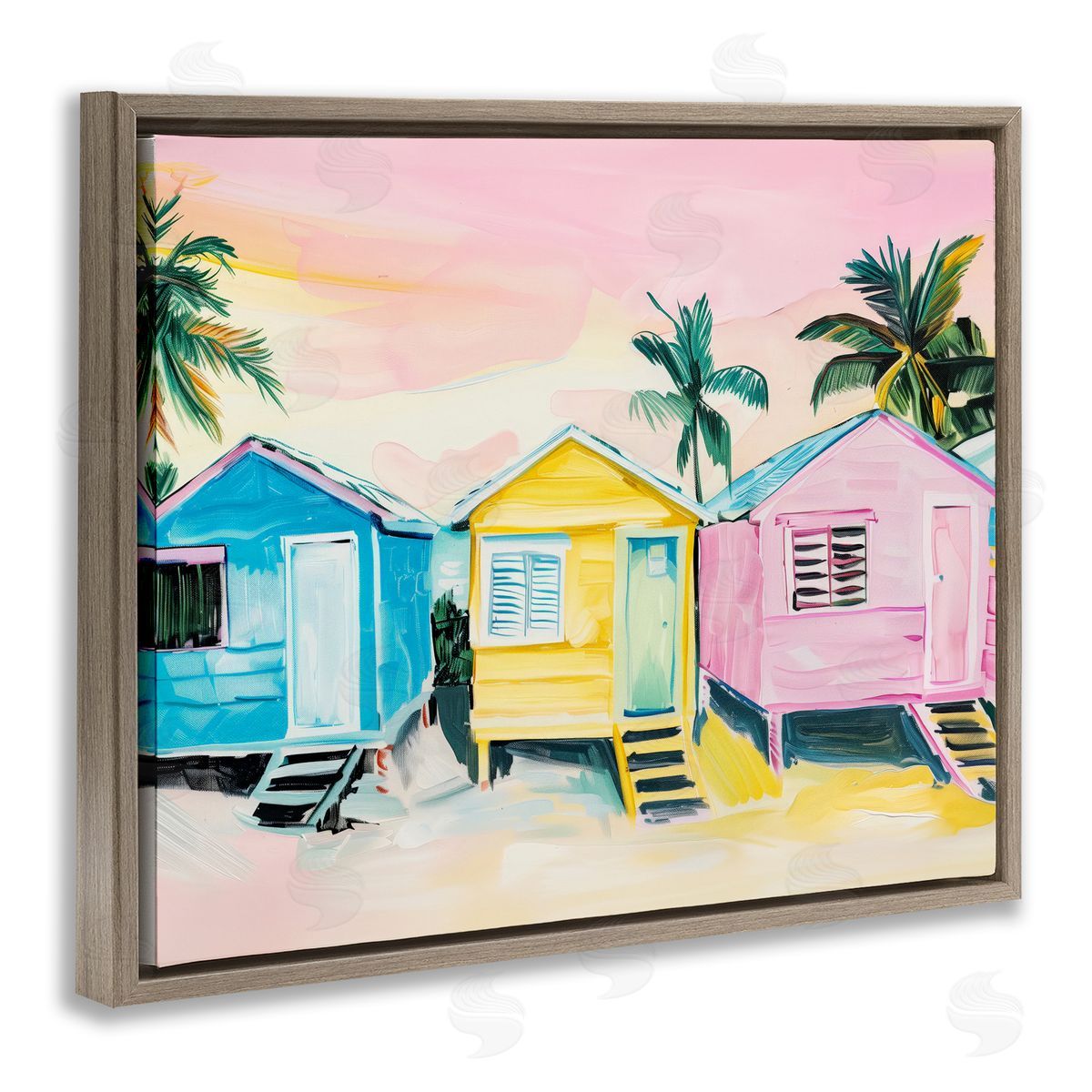 Pastel Tropical Beach Cabins Brown Floating Frame Canvas Wall Art, Home Decor by Arlington Prints
