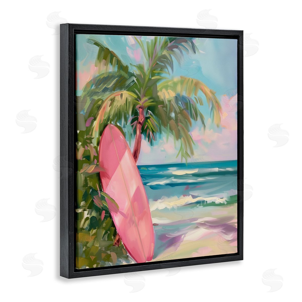 Pink Surfboard on Beach Black Floating Frame Canvas Wall Art, Home Decor by Arlington Prints