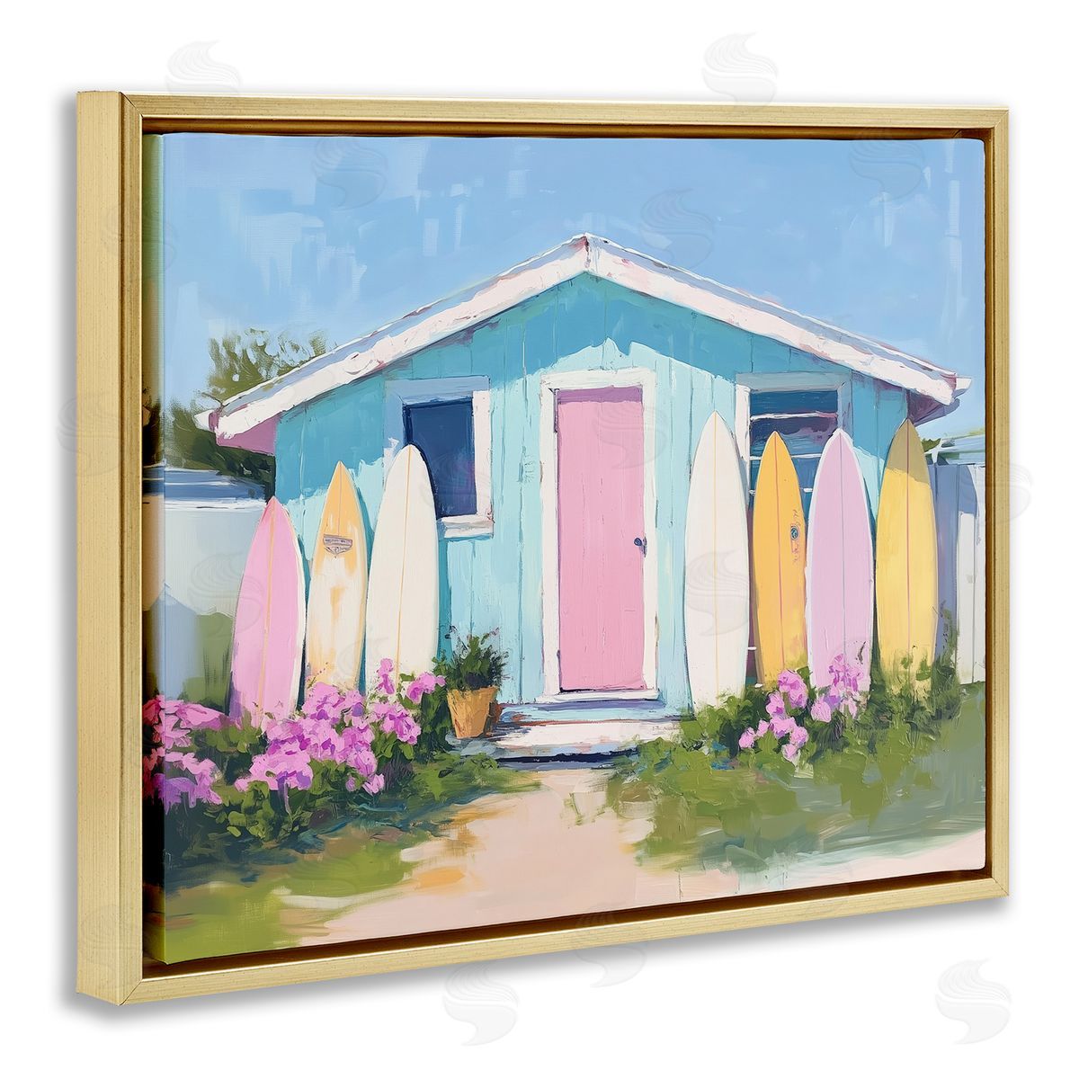 Cabin with Pastel Surfboards Gold Floating Frame Canvas Wall Art, Home Decor by Arlington Prints