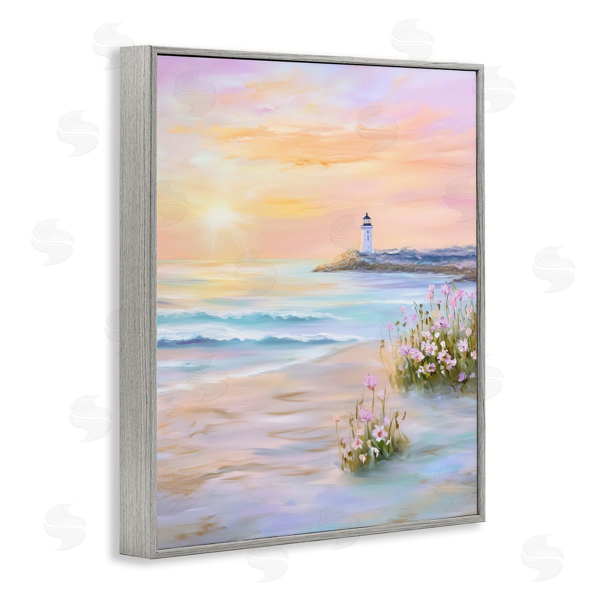 Warm Sunrise with Distant Lighthouse Grey Frame Print Wall Art, Home Decor by Arlington Prints