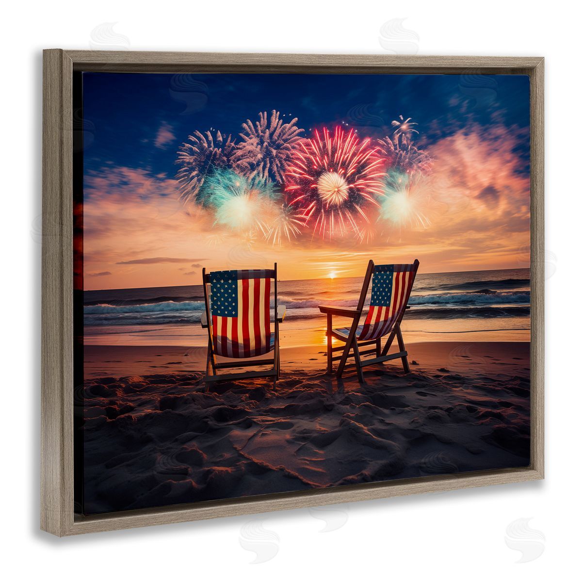 Summer Fireworks at Beach Brown Floating Frame Canvas Wall Art, Home Decor by Arlington Prints