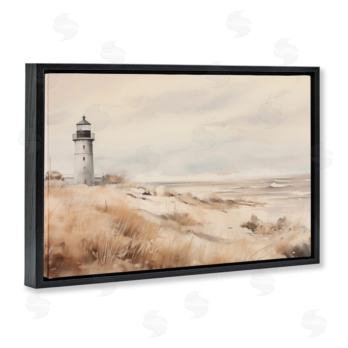 Distant Lighthouse in Neutral Tones Black Floating Frame Canvas Wall Art, Home Decor by Arlington Prints
