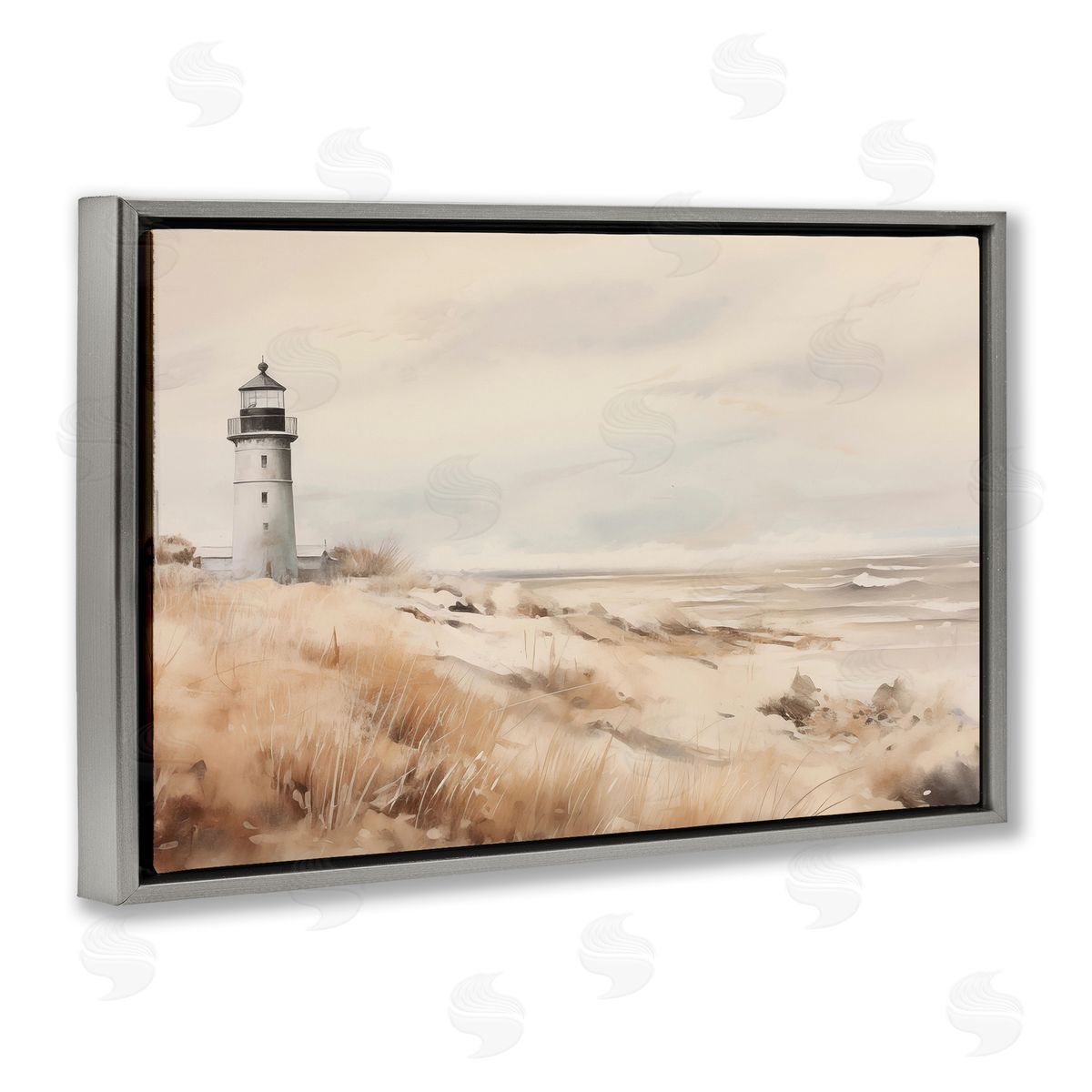 Distant Lighthouse in Neutral Tones Grey Floating Frame Canvas Wall Art, Home Decor by Arlington Prints