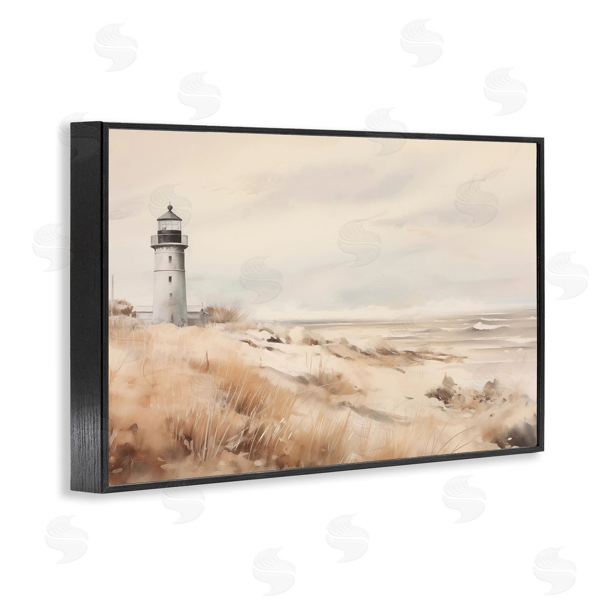 Distant Lighthouse in Neutral Tones Black Frame Print Wall Art, Home Decor by Arlington Prints