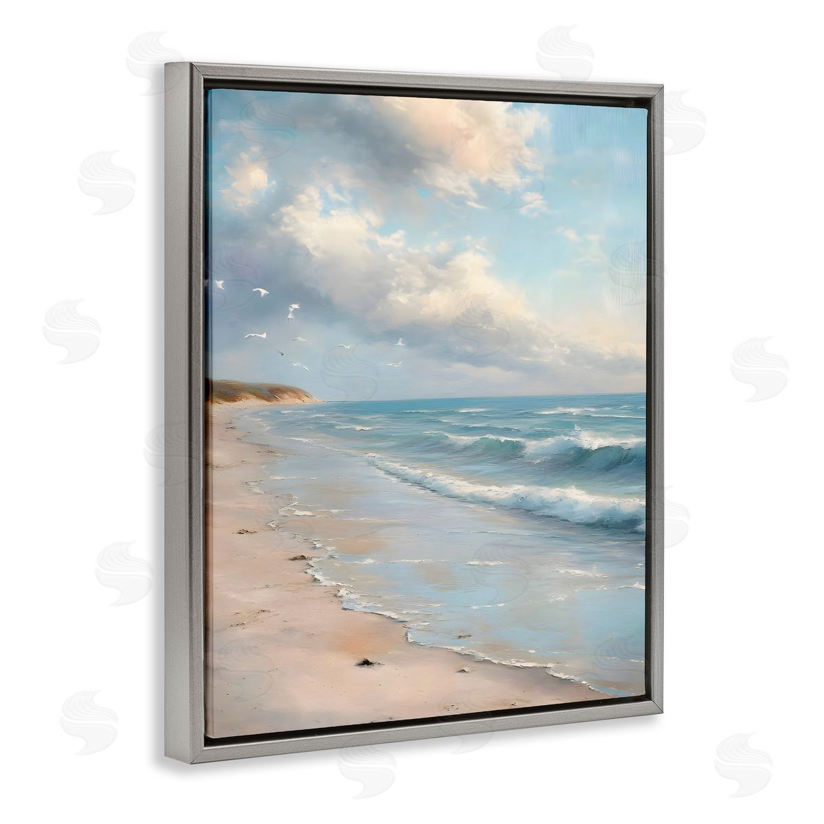Where Seagulls Fly Beach View Grey Floating Frame Canvas Wall Art, Home Decor by Franklyn Gregory