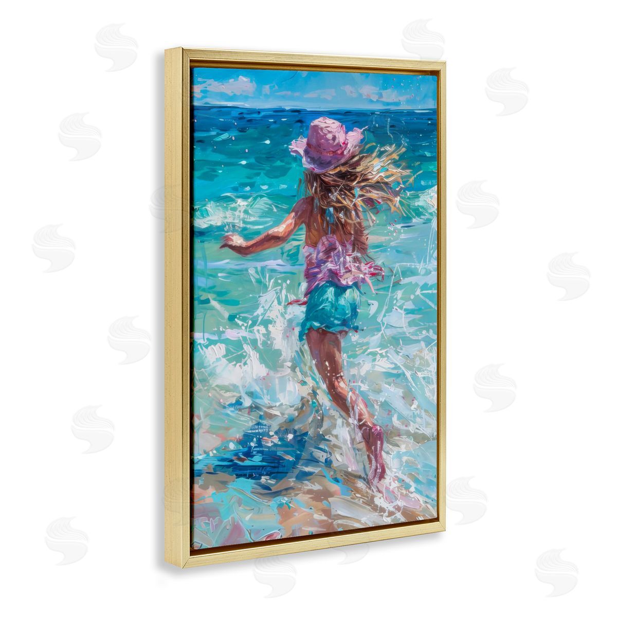 Summer Beach Fun Girl Gold Floating Frame Canvas Wall Art, Home Decor by LSR Design Studio
