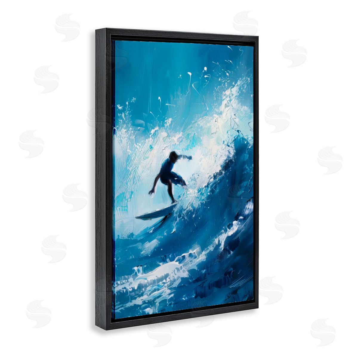 Surfer & Splashing Wave Black Floating Frame Canvas Wall Art, Home Decor by LSR Design Studio