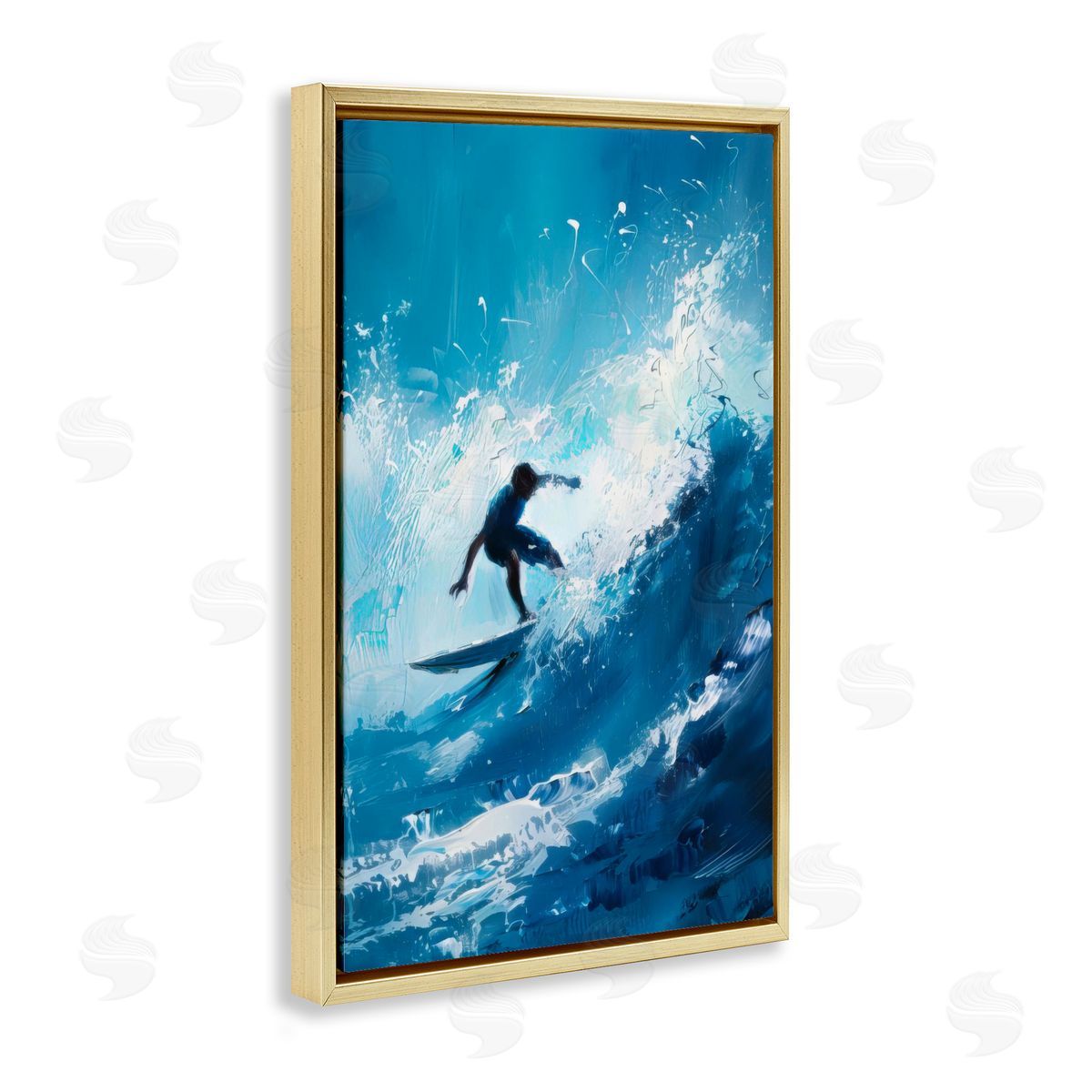 Surfer & Splashing Wave Gold Floating Frame Canvas Wall Art, Home Decor by LSR Design Studio