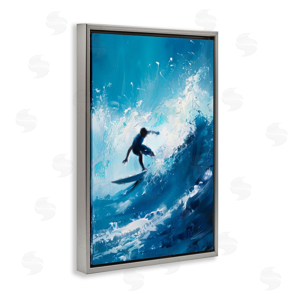 Surfer & Splashing Wave Grey Floating Frame Canvas Wall Art, Home Decor by LSR Design Studio