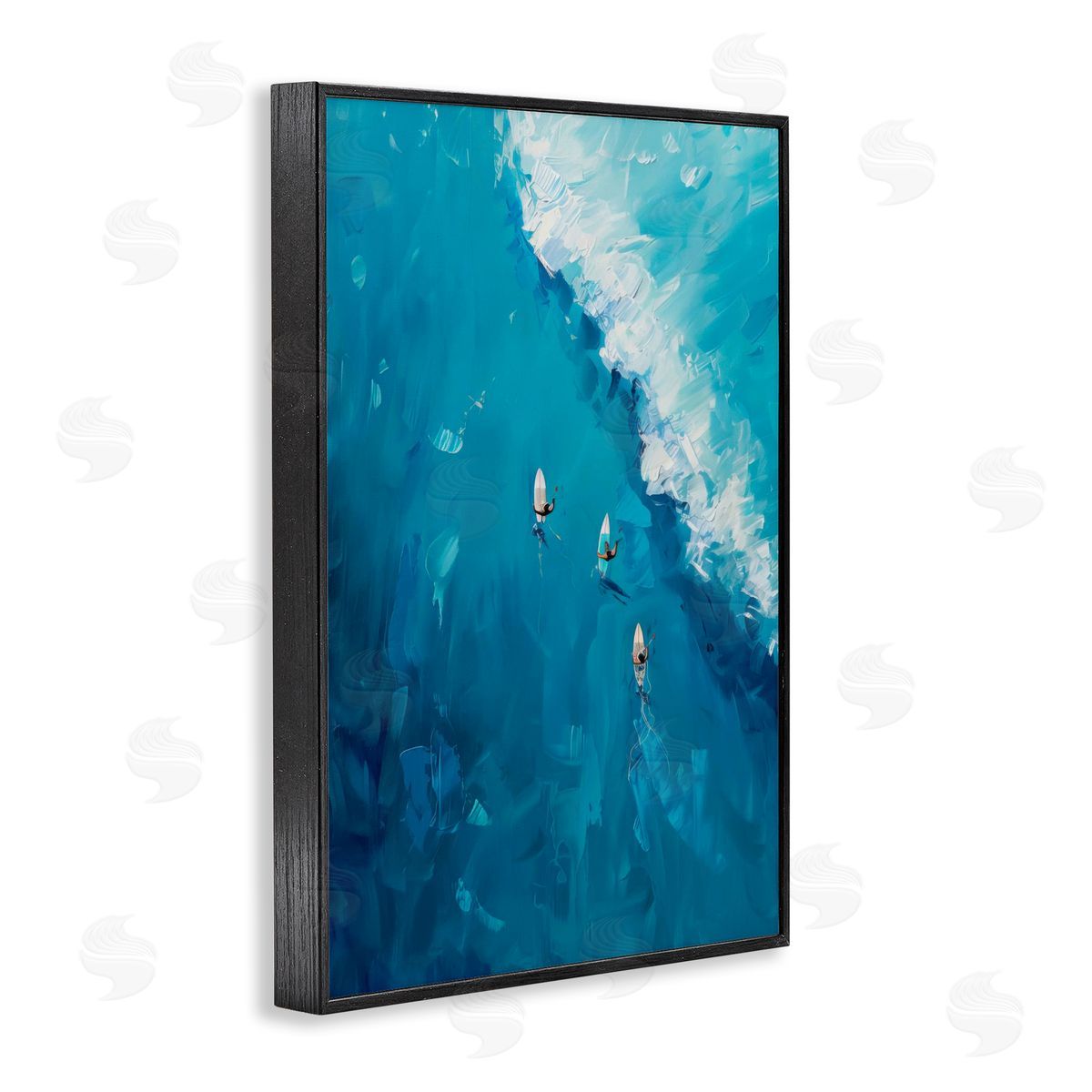 Aerial Surfers Approaching Wave Black Frame Print Wall Art, Home Decor by LSR Design Studio