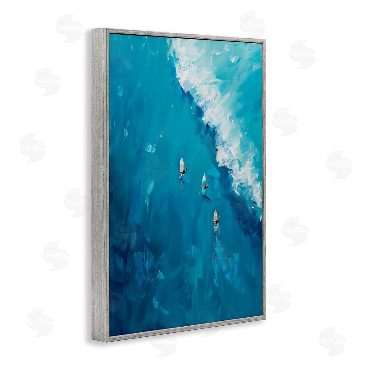 Aerial Surfers Approaching Wave Grey Frame Print Wall Art, Home Decor by LSR Design Studio