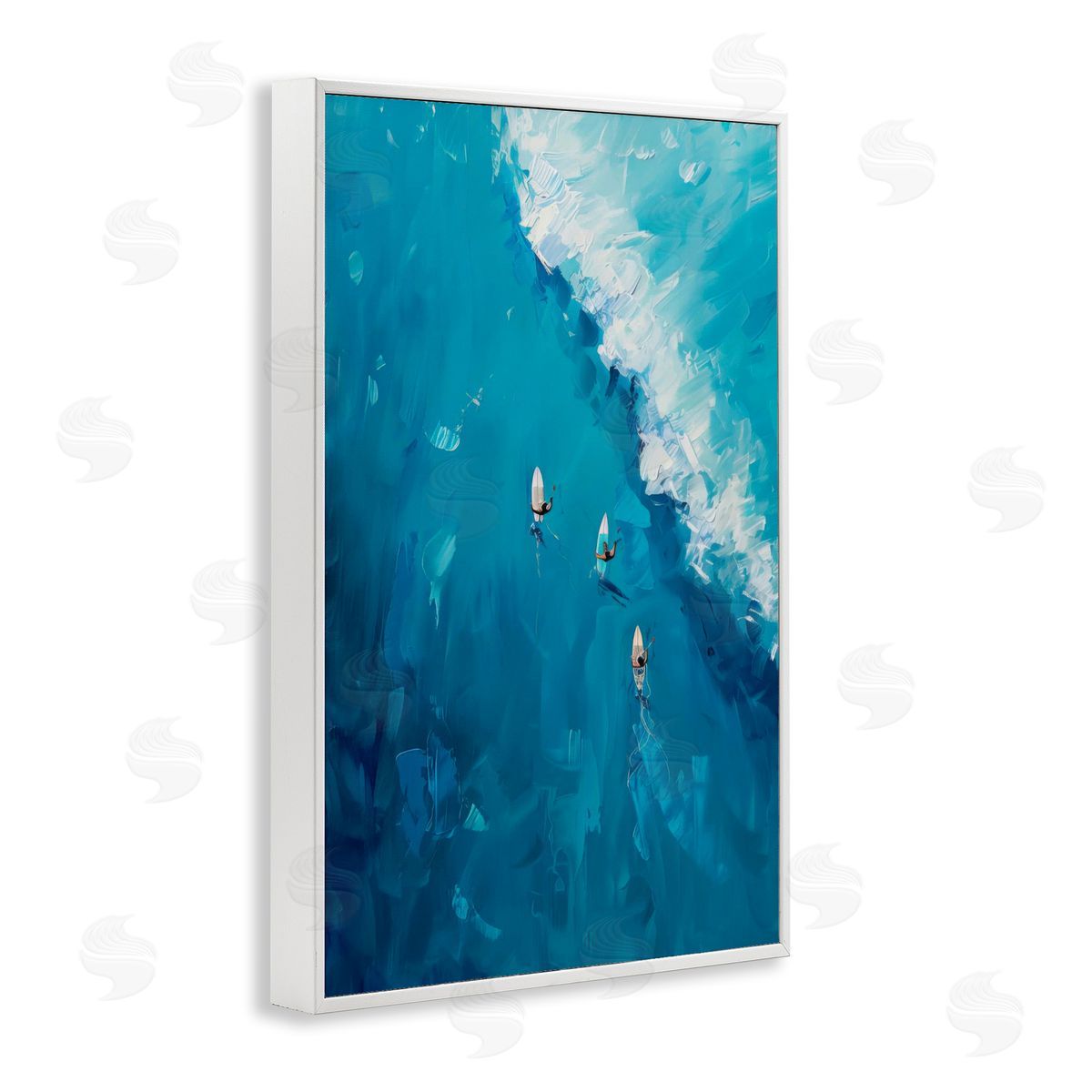 Aerial Surfers Approaching Wave White Frame Print Wall Art, Home Decor by LSR Design Studio