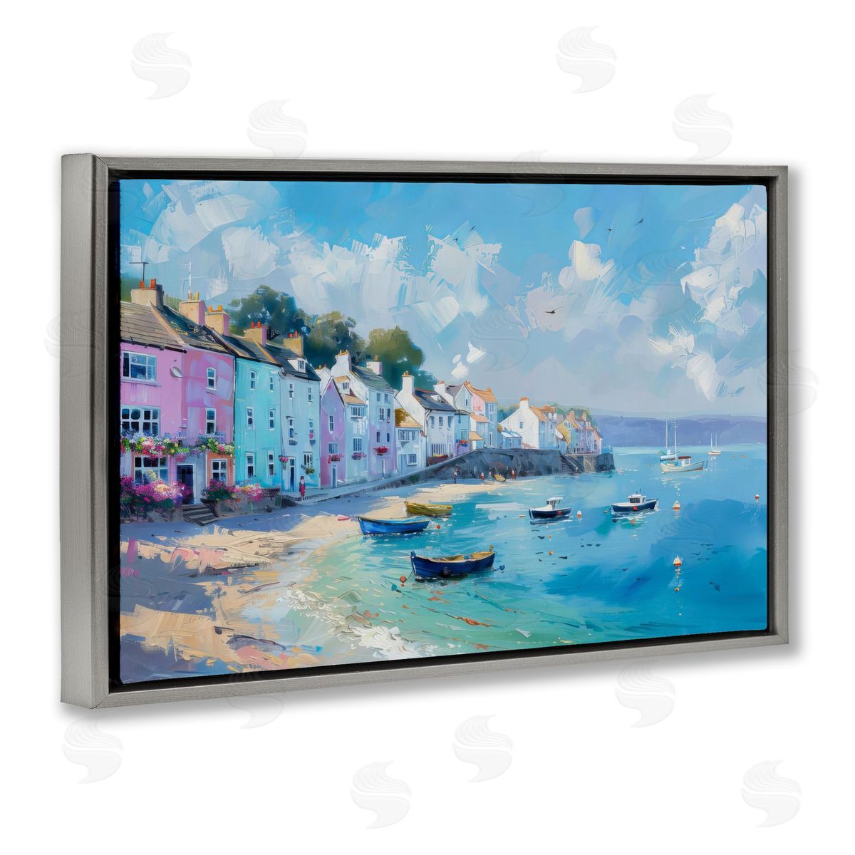 Seaside Village Cottages Grey Floating Frame Canvas Wall Art, Home Decor by LSR Design Studio
